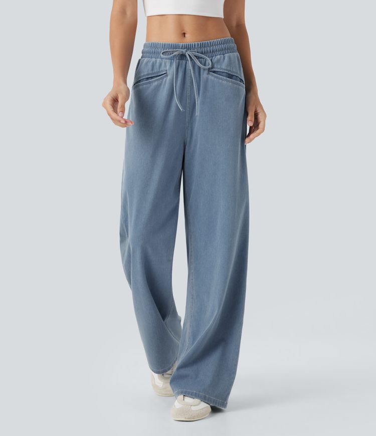 Malibu Blue Denim Jeans Halara Flex™ Denim vaquero elástico tacto fresco tiro alto cordón ajustable pierna ancha bolsillo / 1