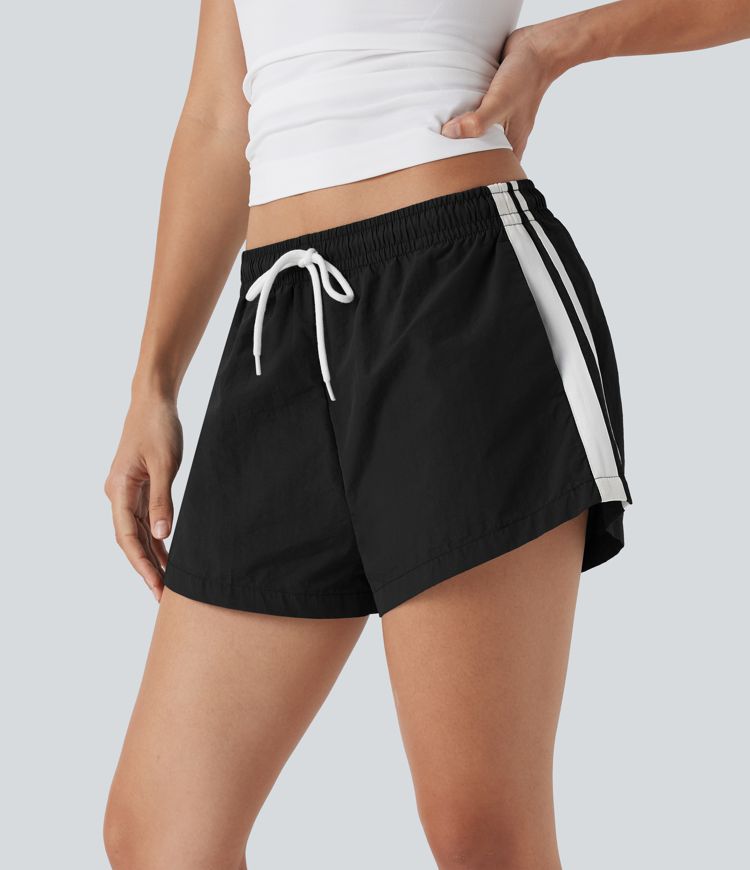Low Rise Drawstring Color Block Built-in Underwear Casual Shorts with Pockets
