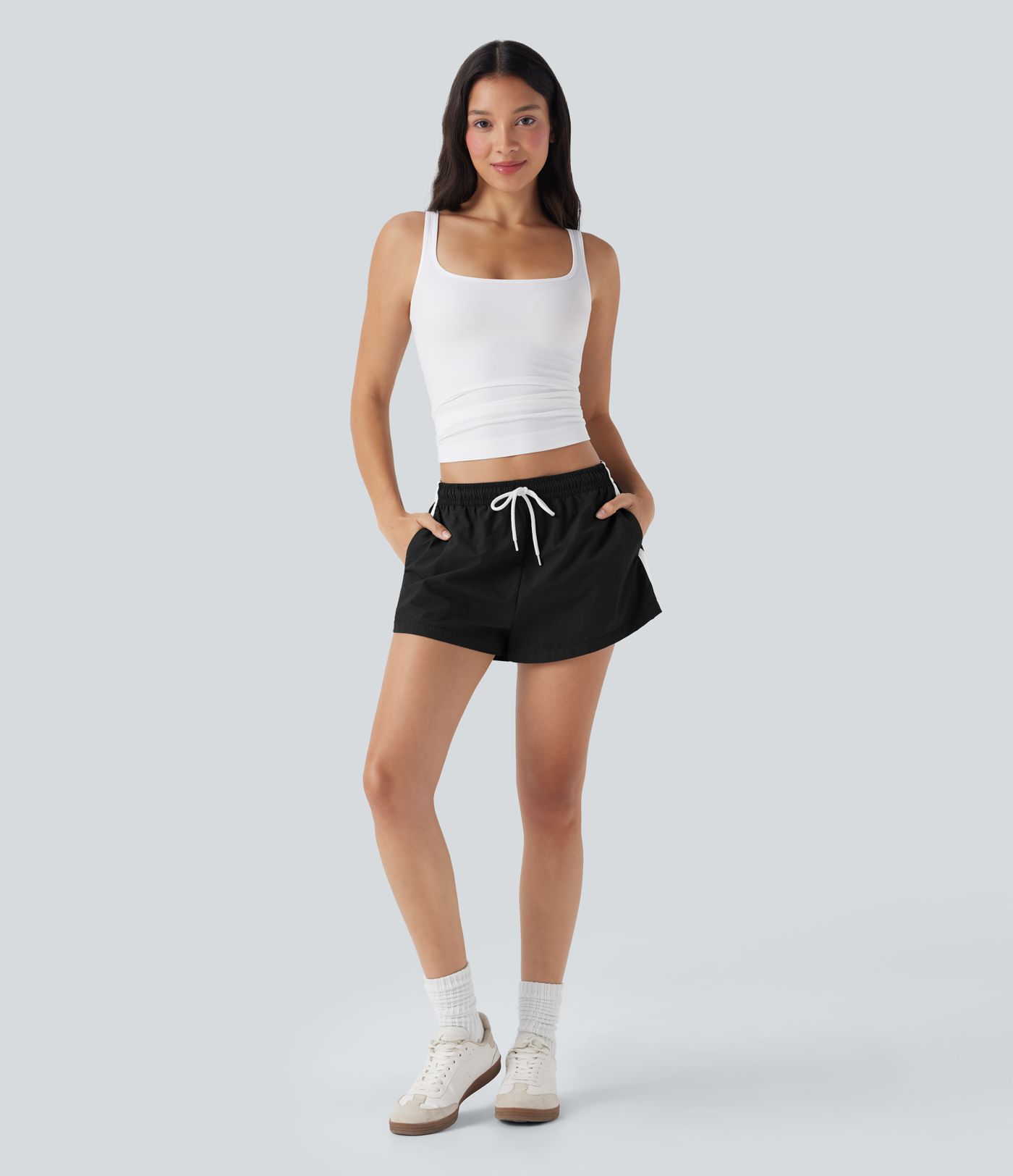 Low Rise Drawstring Color Block Built-in Underwear Casual Shorts with Pockets