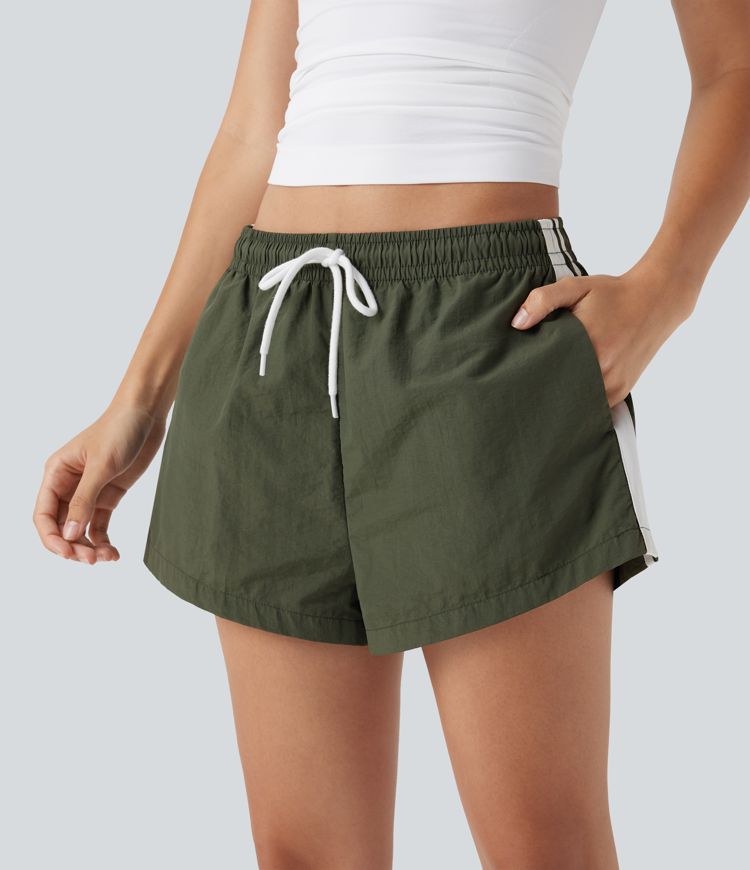 Low Rise Drawstring Color Block Built-in Underwear Casual Shorts with Pockets