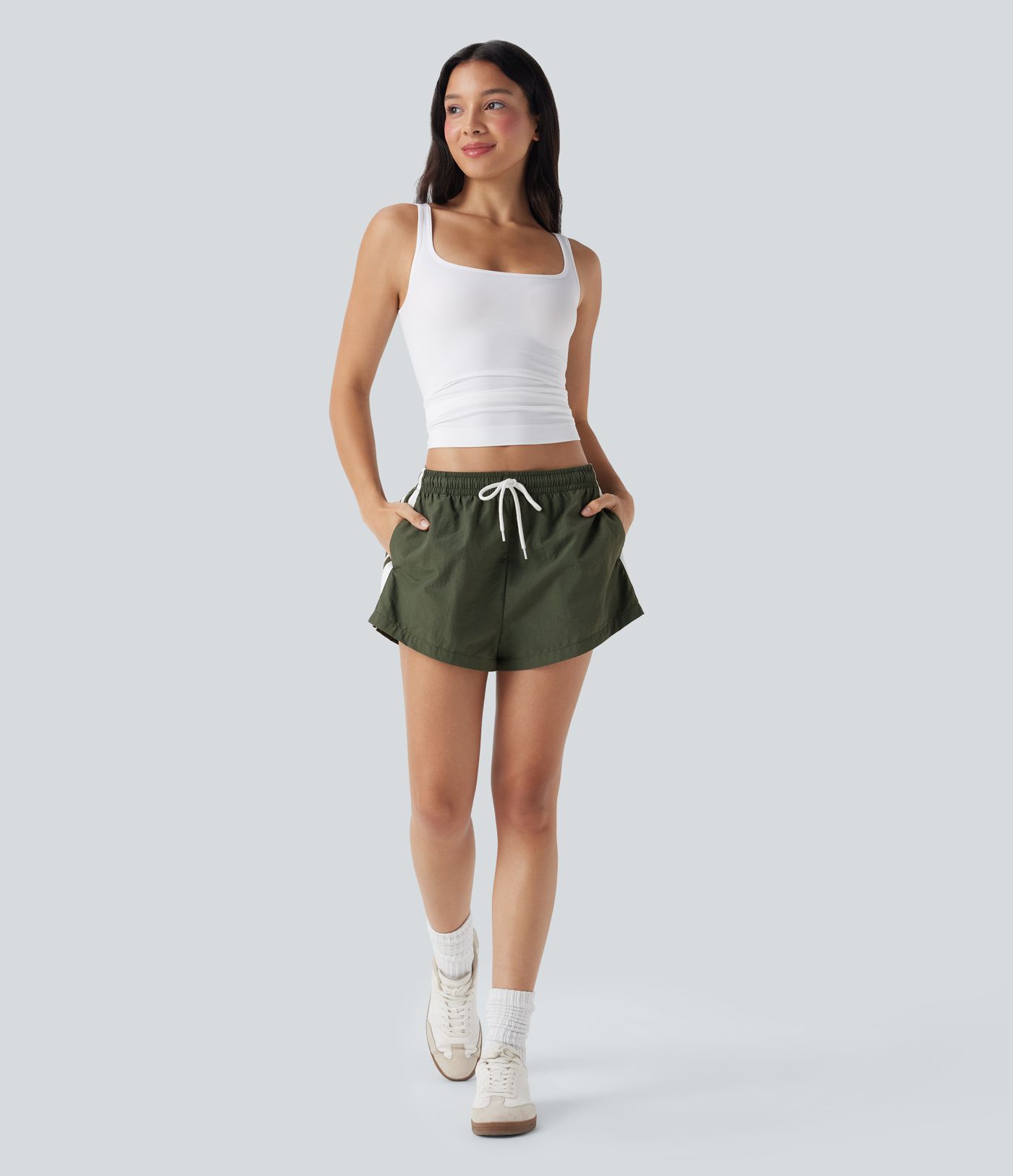 Low Rise Drawstring Color Block Built-in Underwear Casual Shorts with Pockets