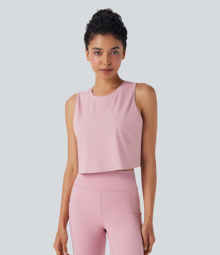 Cut Out Crossover Hem Solid Cropped Yoga Tank Top
