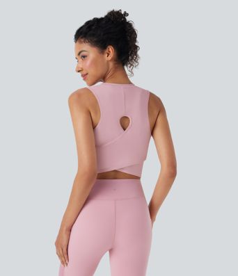 Cut Out Crossover Hem Solid Cropped Yoga Tank Top