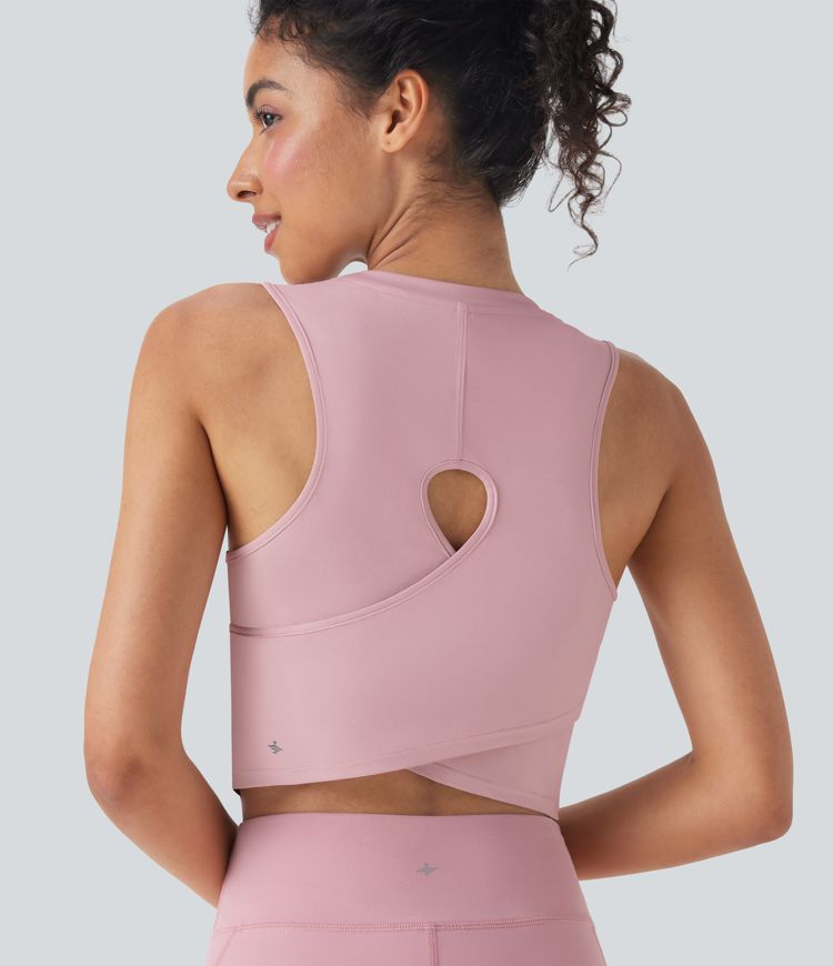 Cut Out Crossover Hem Solid Cropped Yoga Tank Top