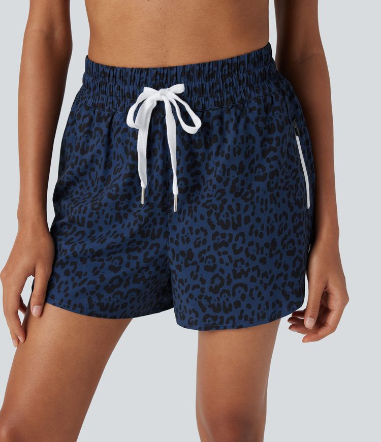 High Waisted Drawstring Curved Hem Leopard Print 2-in-1 Workout Shorts with Pockets