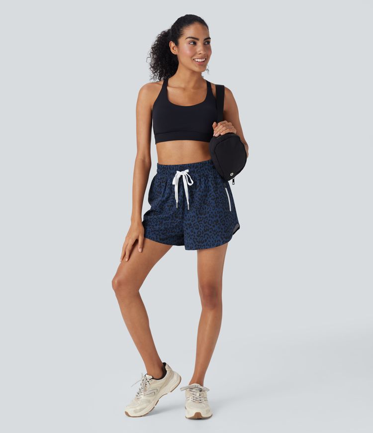 High Waisted Drawstring Curved Hem Leopard Print 2-in-1 Workout Shorts with Pockets