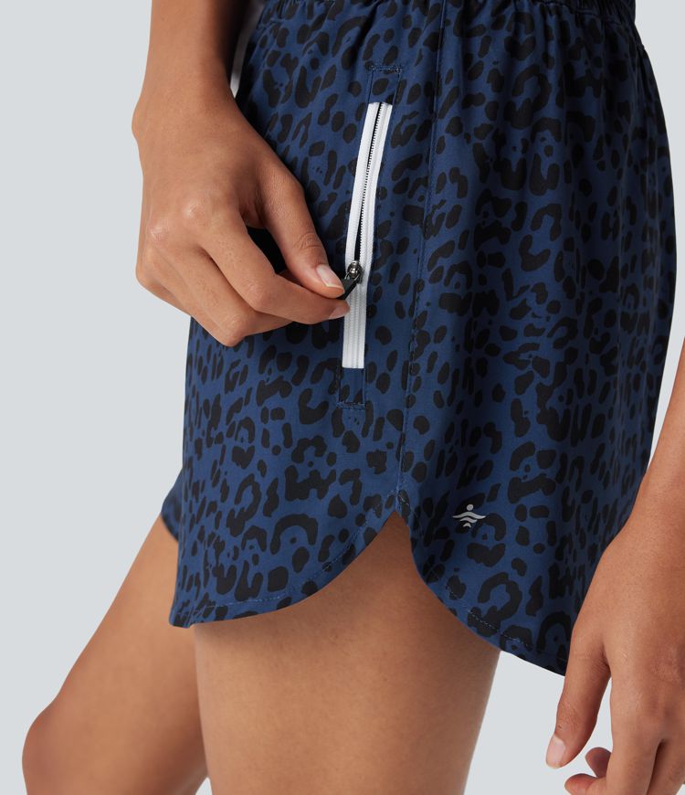 High Waisted Drawstring Curved Hem Leopard Print 2-in-1 Workout Shorts with Pockets