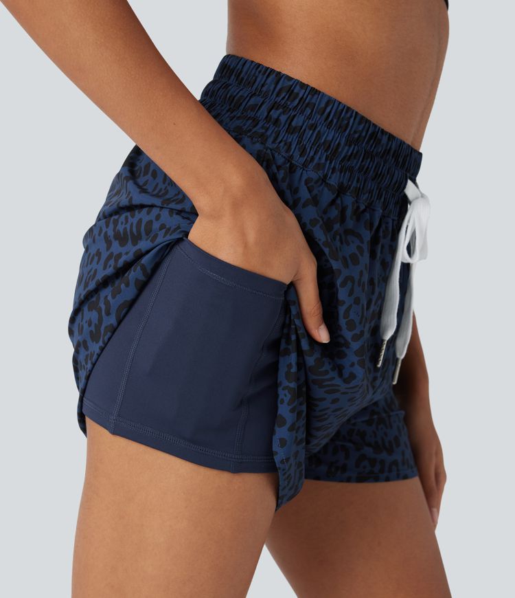 High Waisted Drawstring Curved Hem Leopard Print 2-in-1 Workout Shorts with Pockets