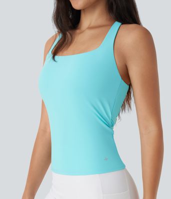 SoftlyZero™ Airy Square Neck Cropped Cool Touch Running Tank Top-Longer Length-UPF50+
