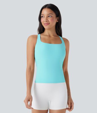 SoftlyZero™ Airy Square Neck Cropped Cool Touch Running Tank Top-Longer Length-UPF50+