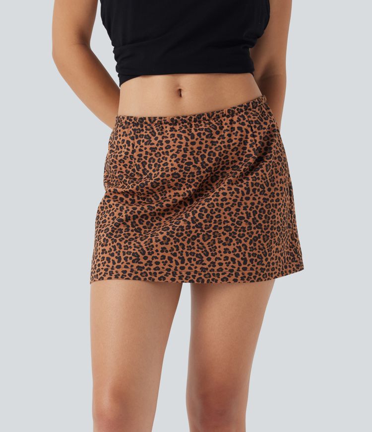 Black Coffee Leopard Print Low Rise Invisible Zipper 2-in-1 Leopard Pattern A-Line Casual Cotton Skirt / 1