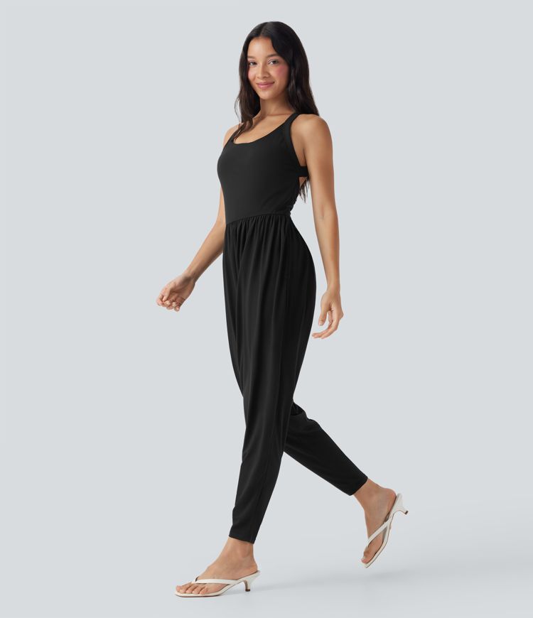 Backless Twisted Built-in Bra Harem Casual Jumpsuit with Pockets-Easy Peezy Edition