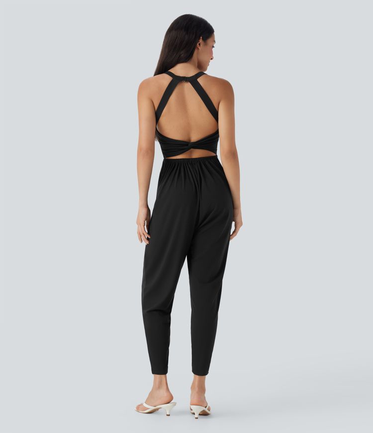 Backless Twisted Built-in Bra Harem Casual Jumpsuit with Pockets-Easy Peezy Edition