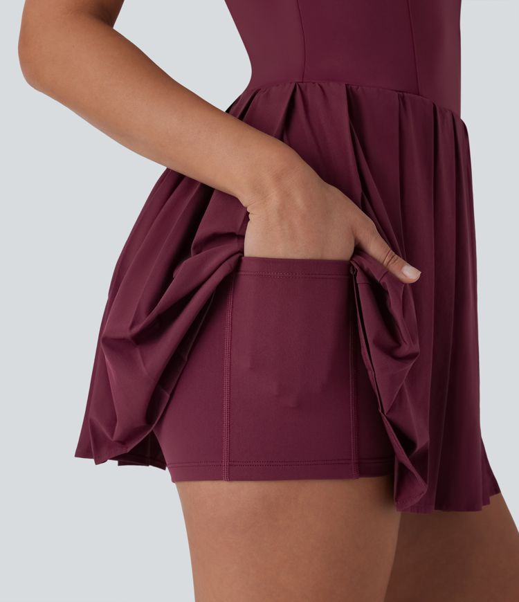 Breezeful™ Pleated Adjustable Buckle 2-in-1 Micro Mini Quick Dry Casual Slip Dress with Pocket-Easy Peezy