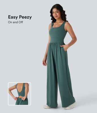 Mono de yoga ancho Softlyzero™ con tirantes cruzados, espalda descubierta, tacto fresco y bolsillos - Easy Peezy