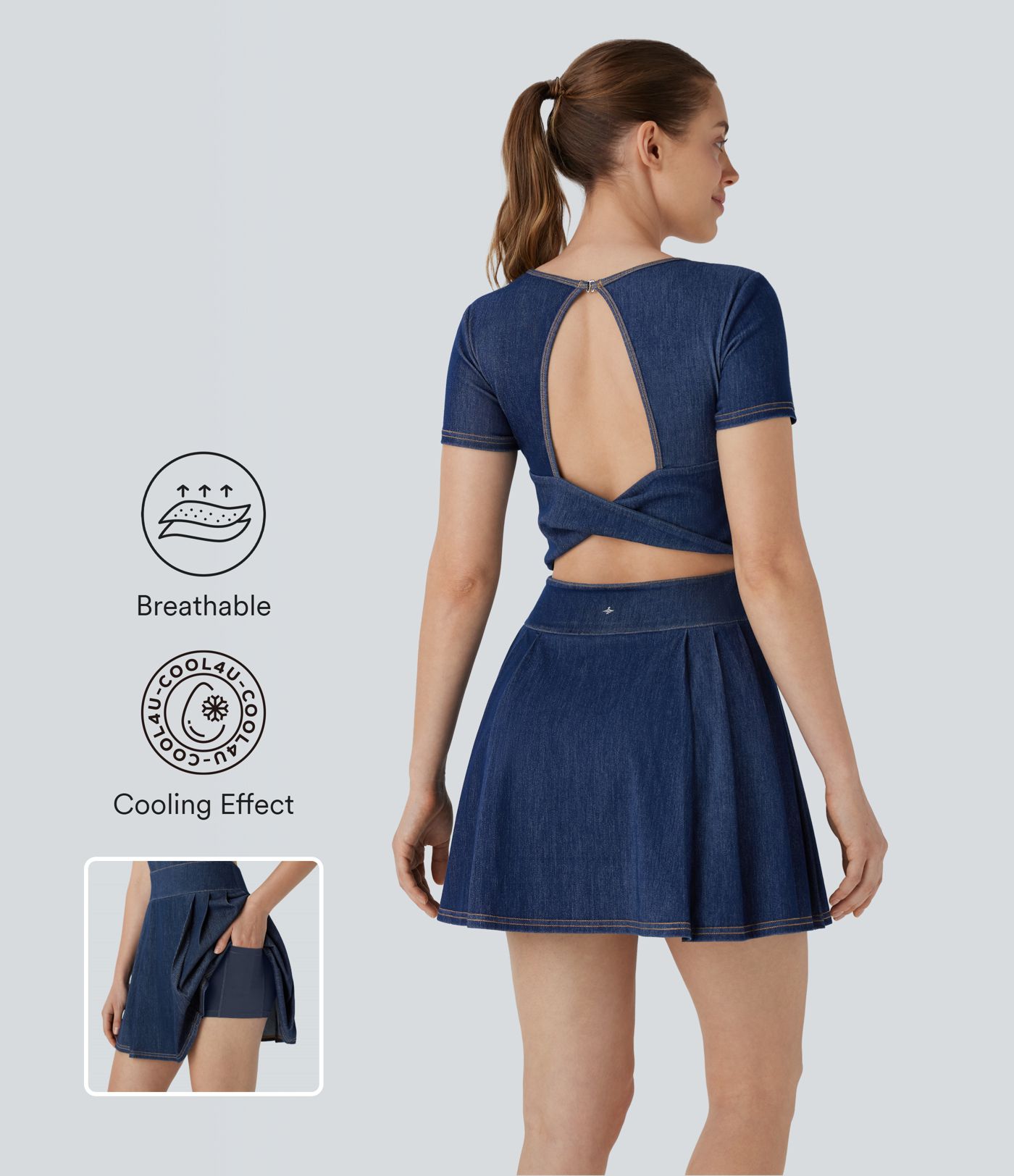 Robe de Tennis Active en Denim Lavé Halara Flex™ à Ourlet Plissé 2-en-1 Effet Rafraîchissant avec Poches