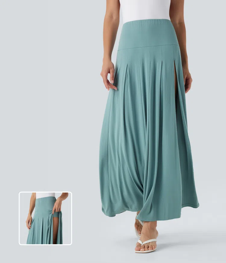 Falda maxi casual 2 en 1 drapeada de tiro alto con abertura 