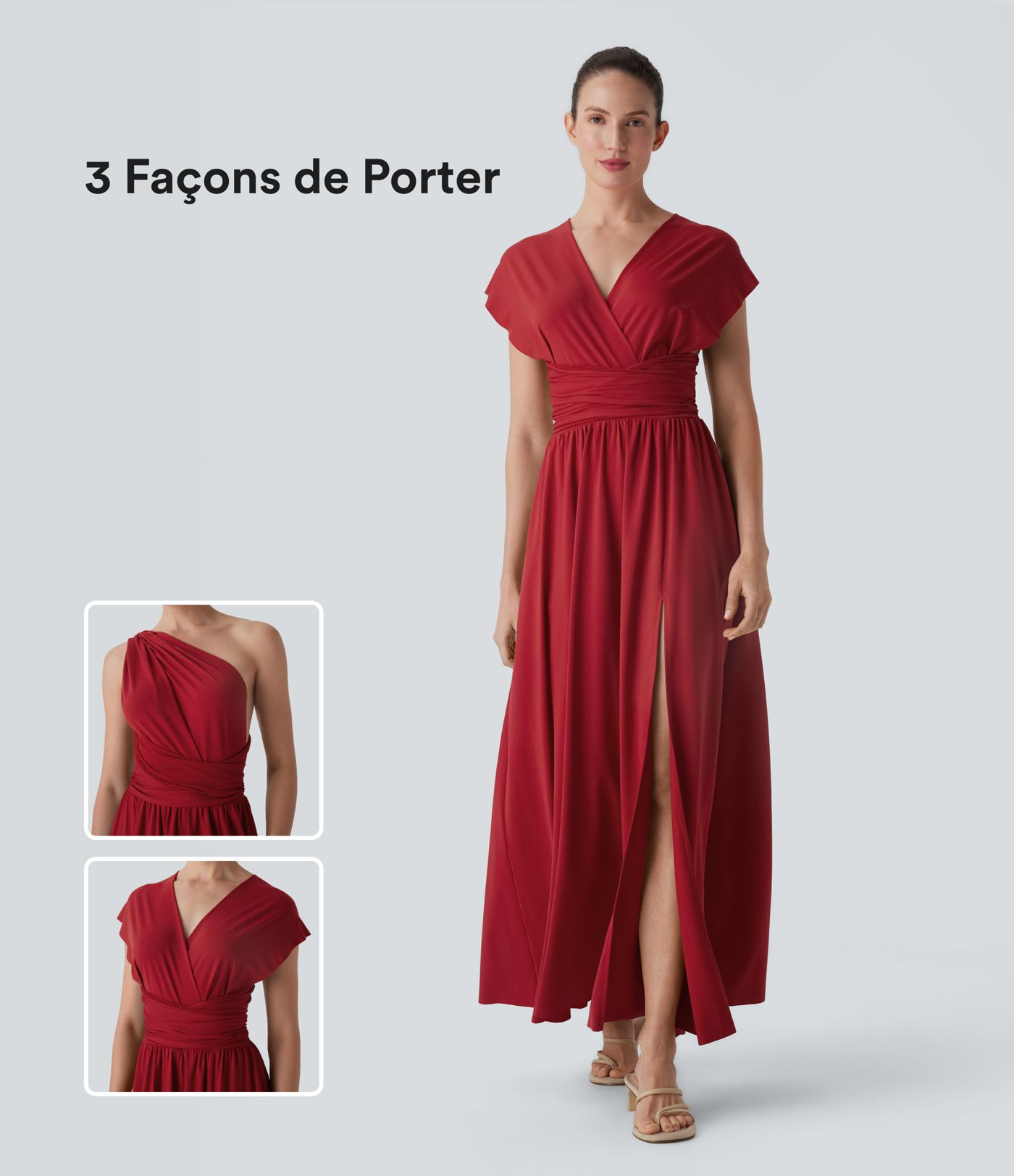 Robe longue de soirée col V, manches courtes, dos croisé à nouer, fendue avec poche latérale