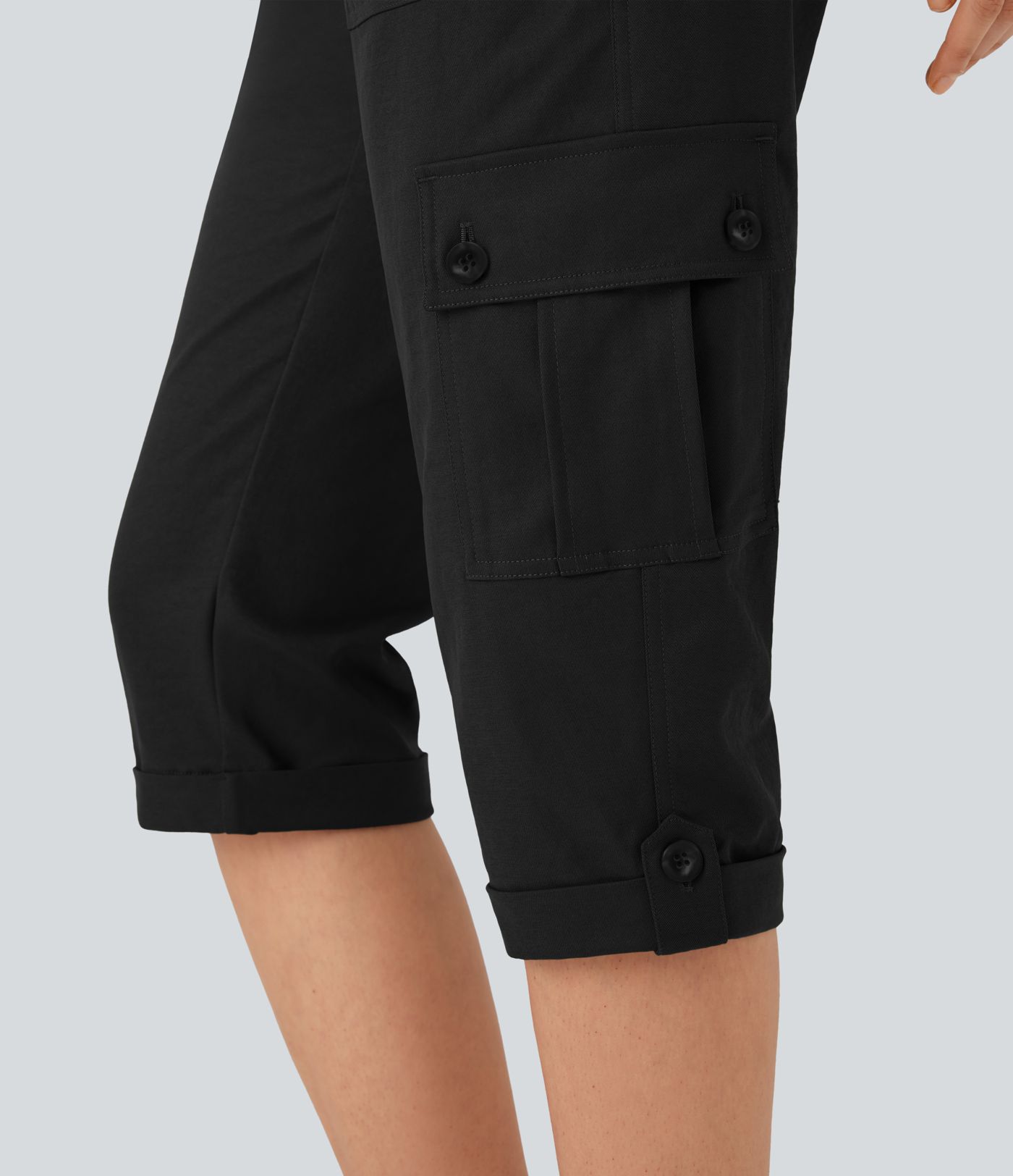 Mid Rise Rolled Hem Casual Cargo Pants with Flap Pockets