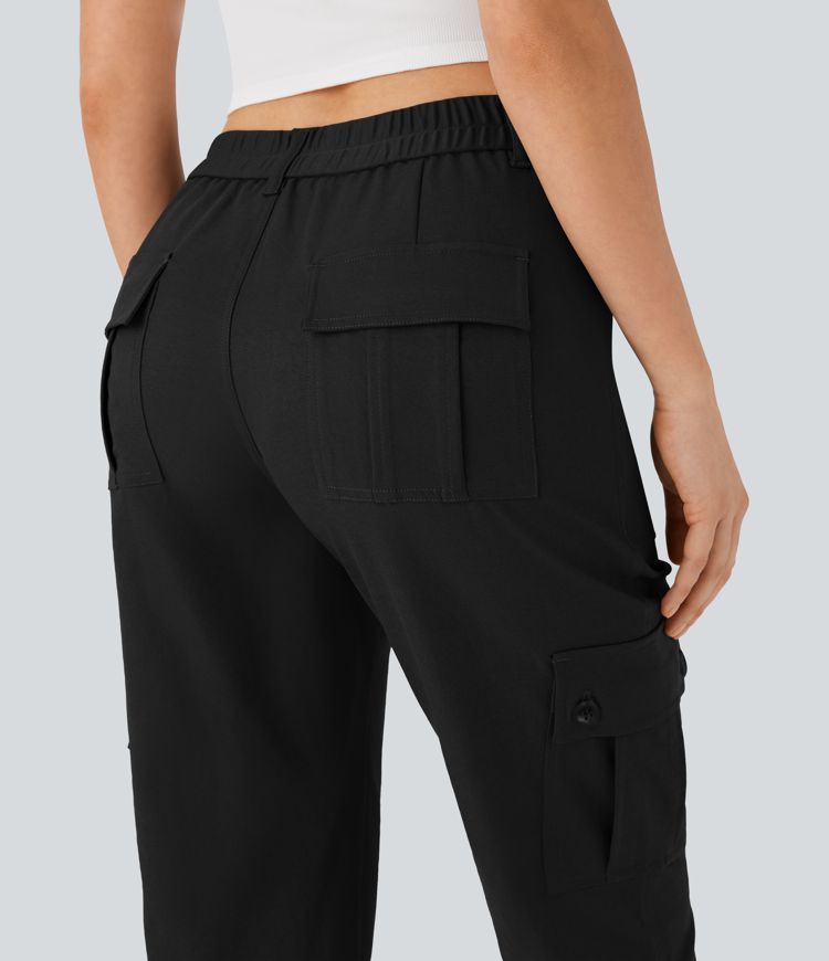 Mid Rise Rolled Hem Casual Cargo Pants with Flap Pockets