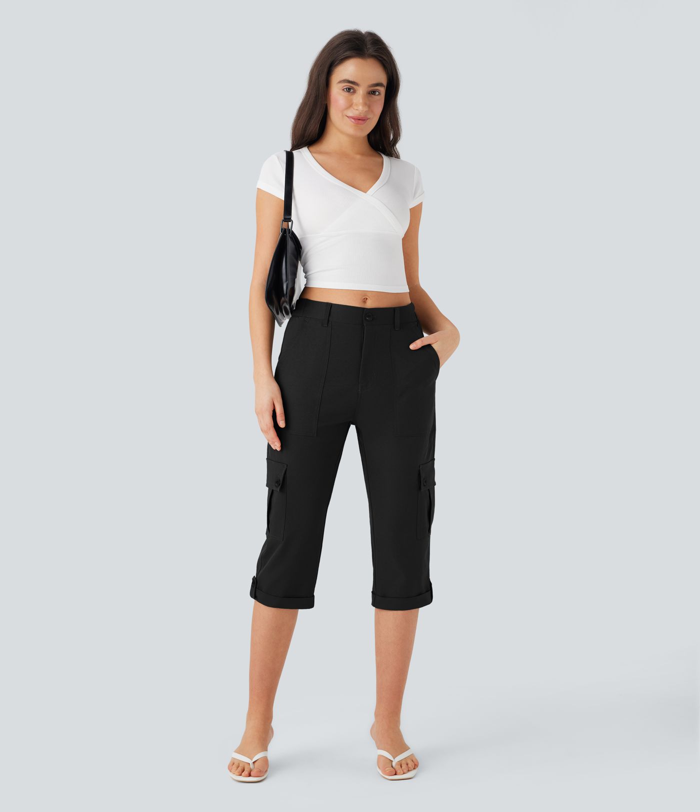 Mid Rise Rolled Hem Casual Cargo Pants with Flap Pockets