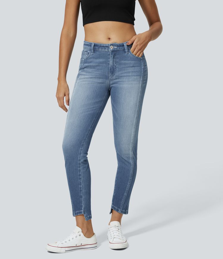 HalaraMagic™ Mid Rise Button Zipper Multiple Pockets Stretchy Knit Casual Skinny Jeans