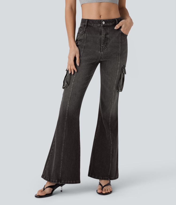 Halara Flex™ Mid Rise Pockets Washed Casual Cargo Flare Jeans