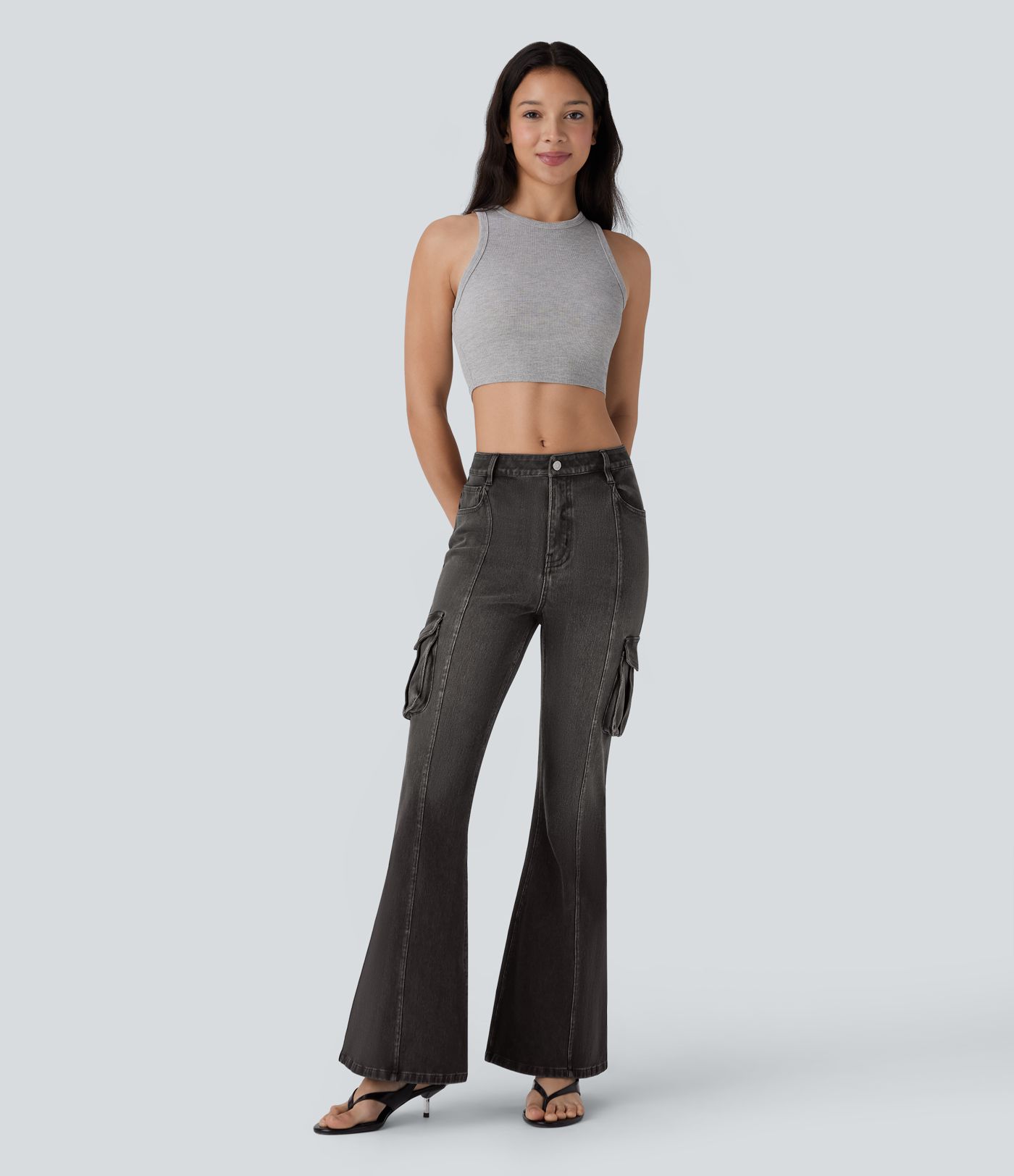 Halara Flex™ Mid Rise Taschen Gewaschene Lässige Cargo Schlag Jeans