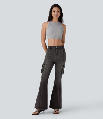 Halara Flex™ Mid Rise Taschen Gewaschene Lässige Cargo Schlag Jeans