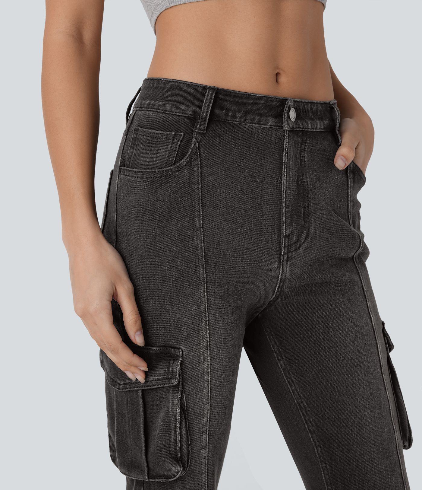 Halara Flex™ Mid Rise Taschen Gewaschene Lässige Cargo Schlag Jeans