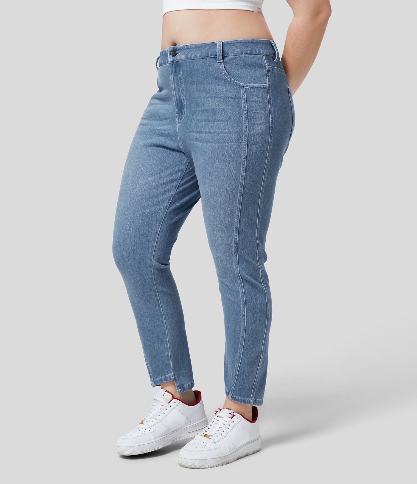 Jeans Halara Flex™ Denim Ajustado de tiro alto con bolsillos y botones en tallas grandes
