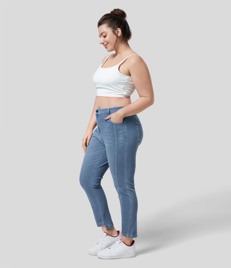 Jeans Halara Flex™ Denim Ajustado de tiro alto con bolsillos y botones en tallas grandes