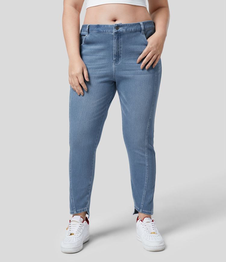 Jeans Halara Flex™ Denim Ajustado de tiro alto con bolsillos y botones en tallas grandes