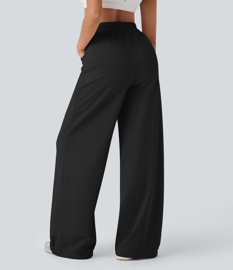 High Waisted Drawstring Cinchable Hem Wide Leg Casual Pants with Pockets