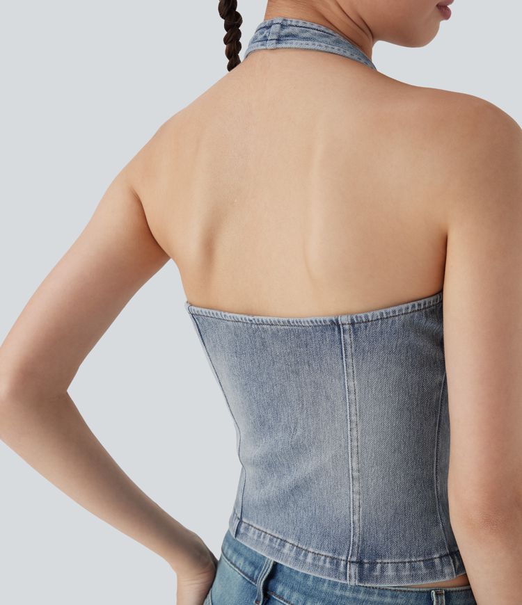 Halara Flex™ Halter Zipper Washed Denim Casual Tank Top