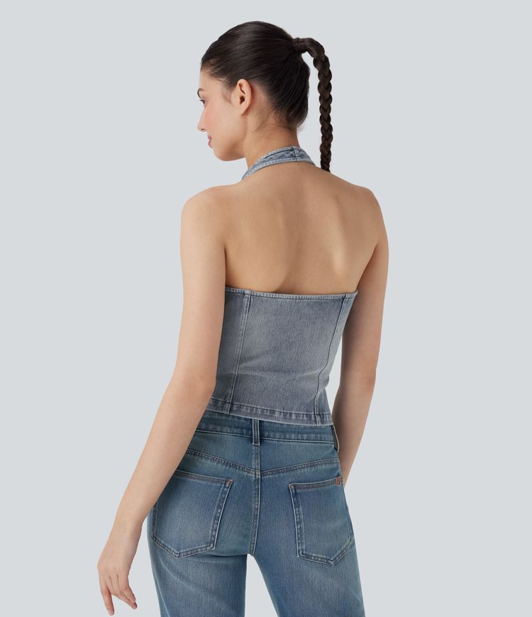 Halara Flex™ Halter Zipper Washed Denim Casual Tank Top