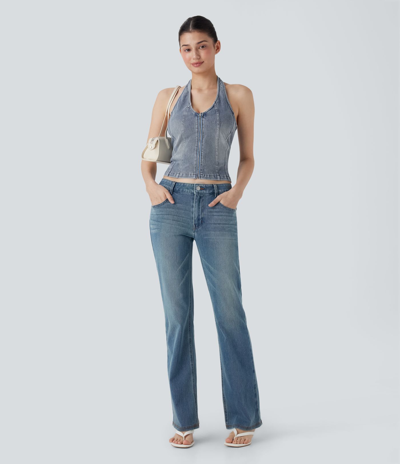 Camiseta sin mangas Halara Flex™ Denim mezclilla elástica estilo lavado con cremallera y cuello halter sin espalda