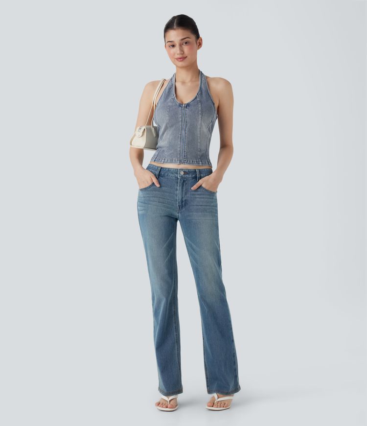 Halara Flex™ Halter Zipper Washed Denim Casual Tank Top