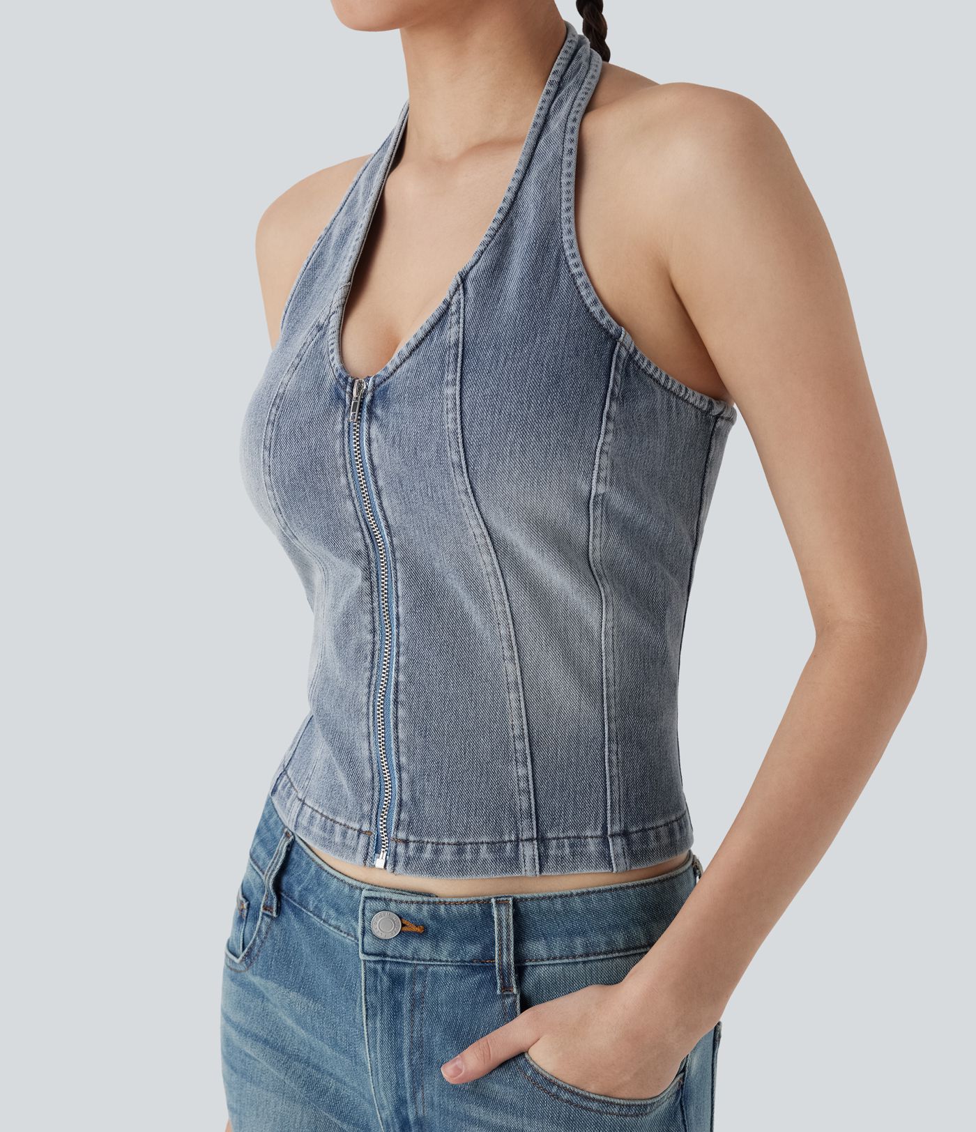 Camiseta sin mangas Halara Flex™ Denim mezclilla elástica estilo lavado con cremallera y cuello halter sin espalda