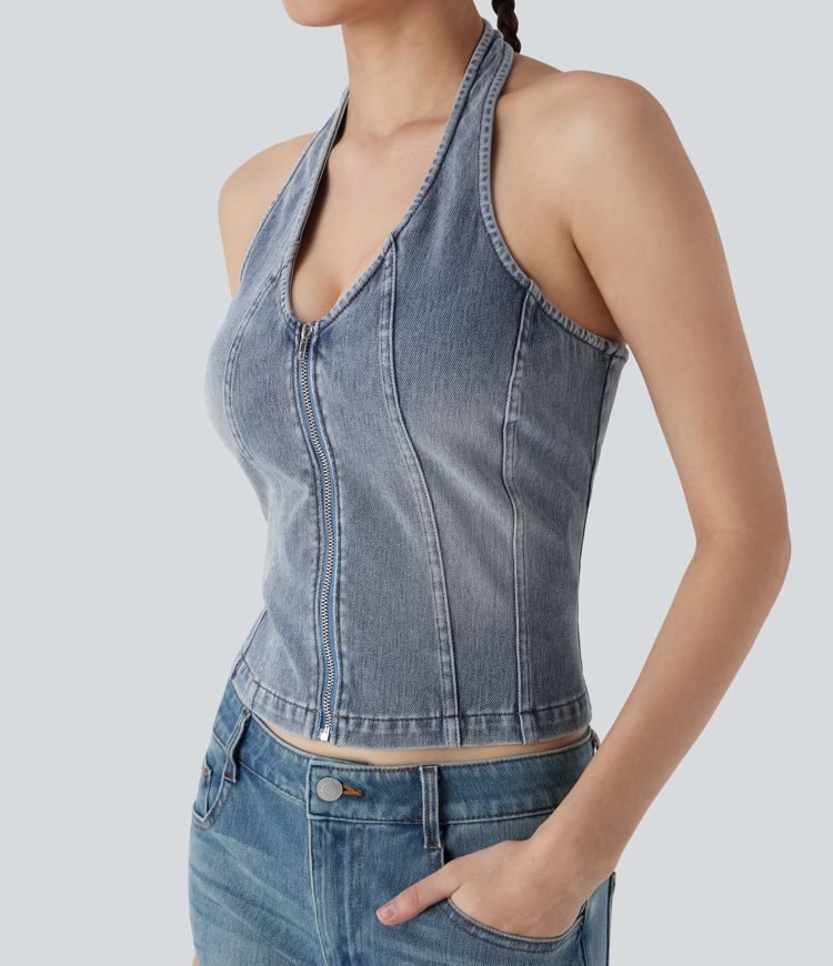Halara Flex™ Halter Zipper Washed Denim Casual Tank Top