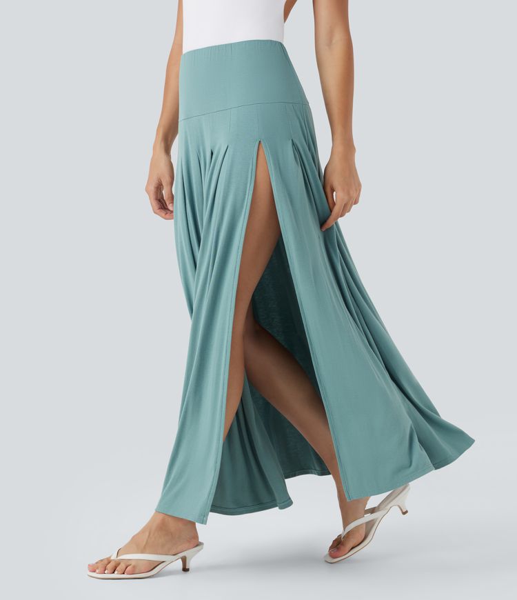 High Waisted Draped 2-in-1 Maxi Casual Skirt
