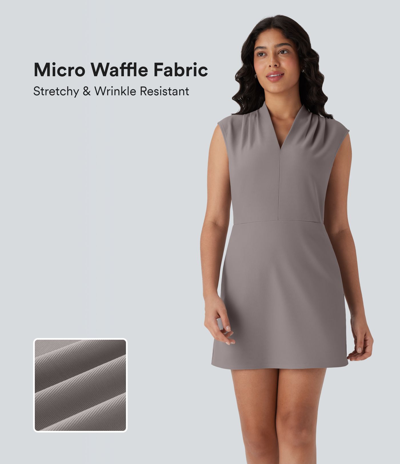 Halara Flex™ V Neck Pleated Sleeveless Mini Micro Waffle Work Dress with Pockets
