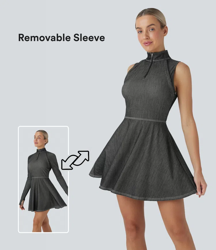 Halara Flex™ Zipper Removable Sleeve Thumb Hole Flare Mini Cool Touch Washed Denim Tennis Active Dress
