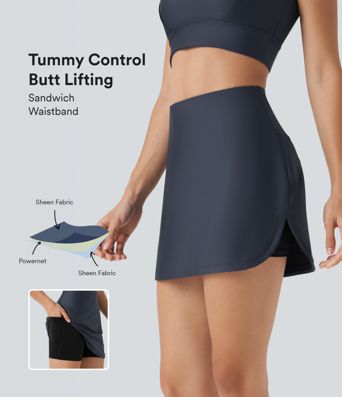 High Waisted Tummy Control Butt Lifting Curved Hem 2-in-1 Sheen Yoga Skirt with Pockets