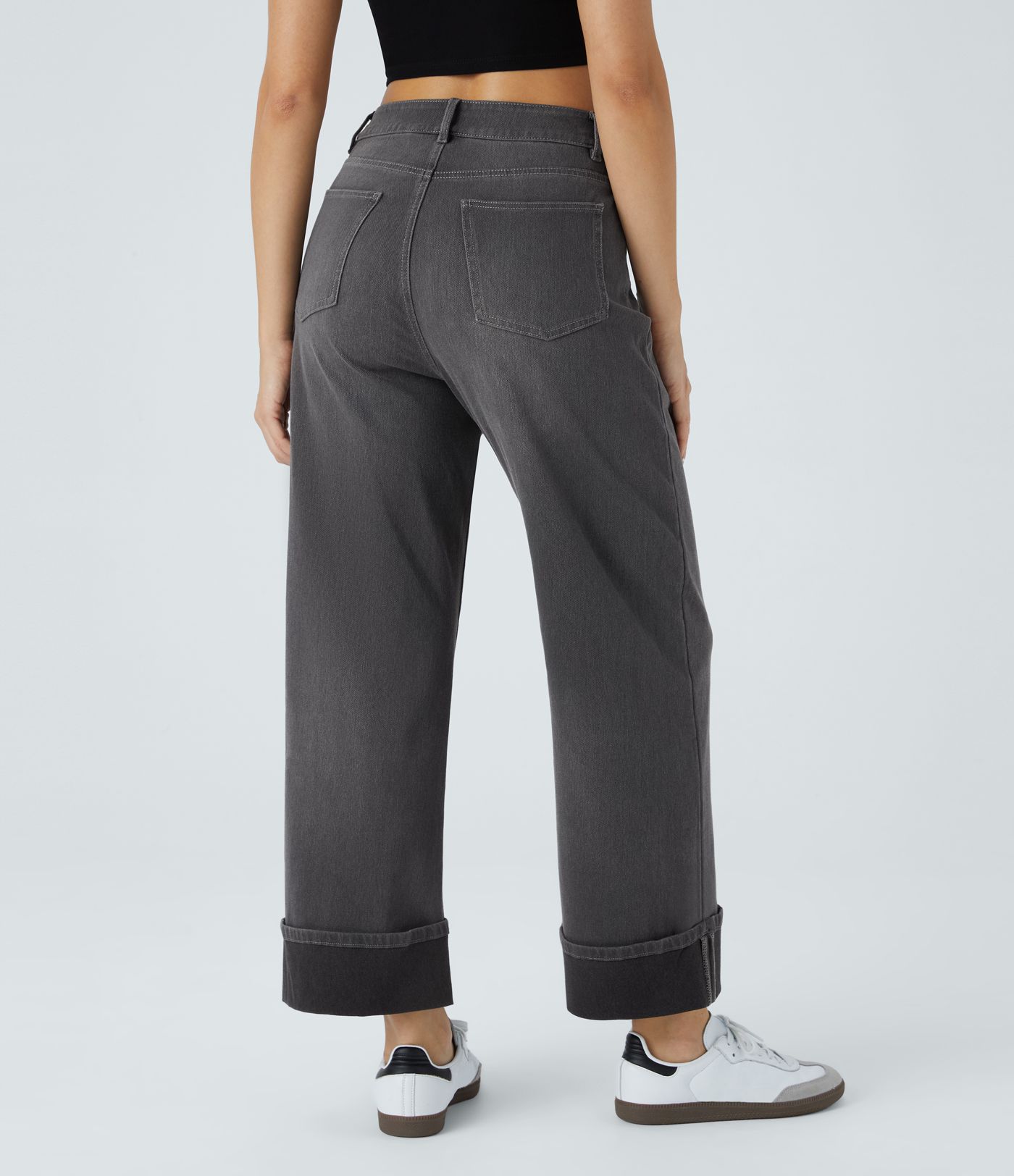 Halara Flex™ High Waisted Pockets Rolled Hem Wide Leg Washed Casual Jeans