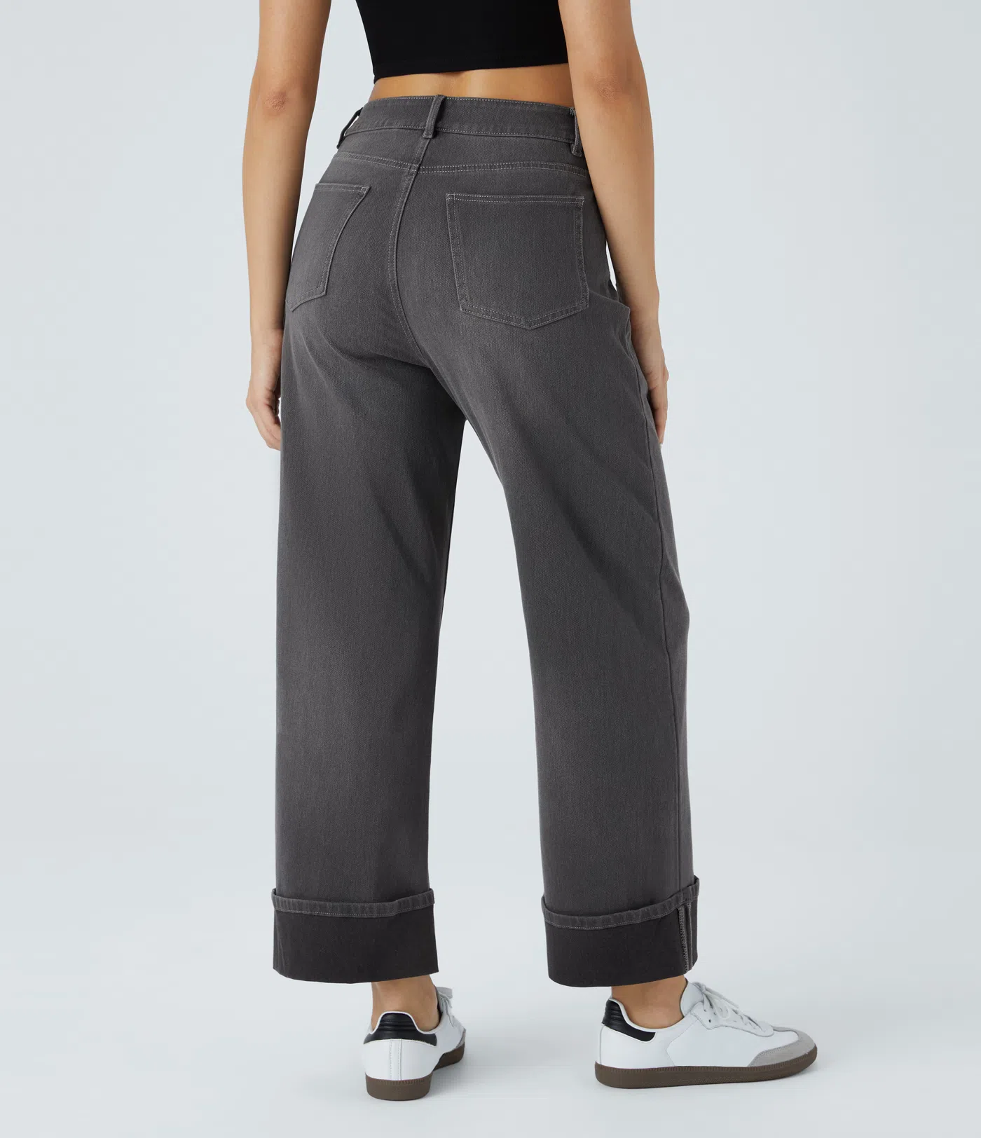 Halara Flex™ High Waisted Multiple Pockets Rolled Hem Wide Leg Washed Stretchy Knit Casual Jeans
