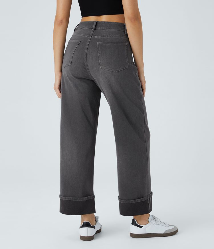 Halara Flex™ High Waisted Pockets Rolled Hem Wide Leg Washed Casual Jeans