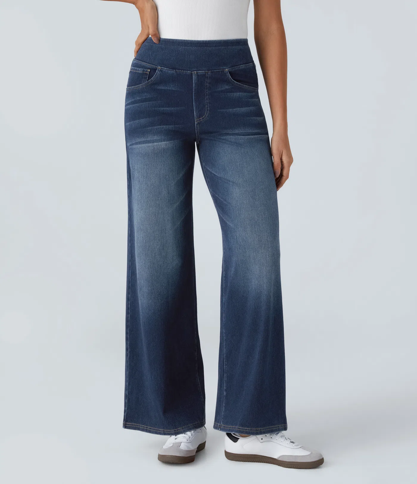 Halara Flex™ Baggy Jeans aus verwaschenem Stretch-Strick mit hohem Bund, mehreren Taschen und weitem Bein, Wide Leg Jeans