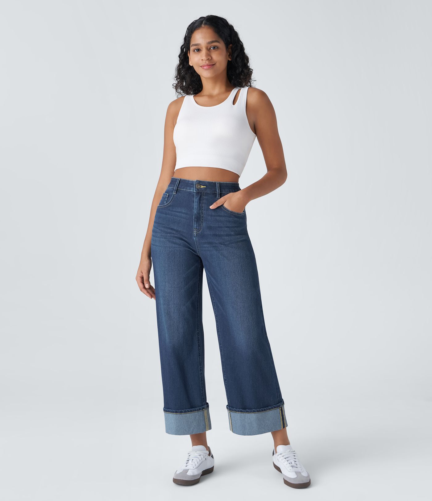 Jeans casuales anchos elásticos Halara Flex™ lavados de tiro alto con varios bolsillos y dobladillo enrollado