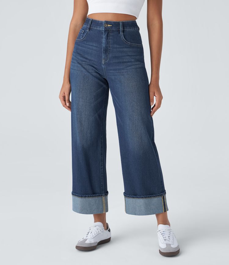 Halara Flex™ High Waisted Multiple Pockets Rolled Hem Wide Leg Washed Stretchy Knit Casual Jeans